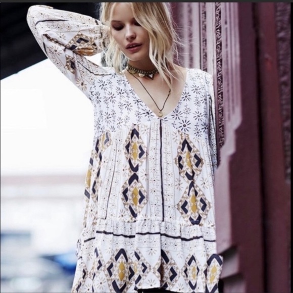 Free People geometry boho tunic long sleeve top dress XS white black brown stars - Picture 9 of 12